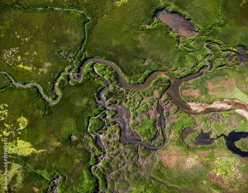 Aerial photography of Cape Cod`s awesome marshlands and pure wilderness. The picture shows green environment and an infinite diversity of the nature.
