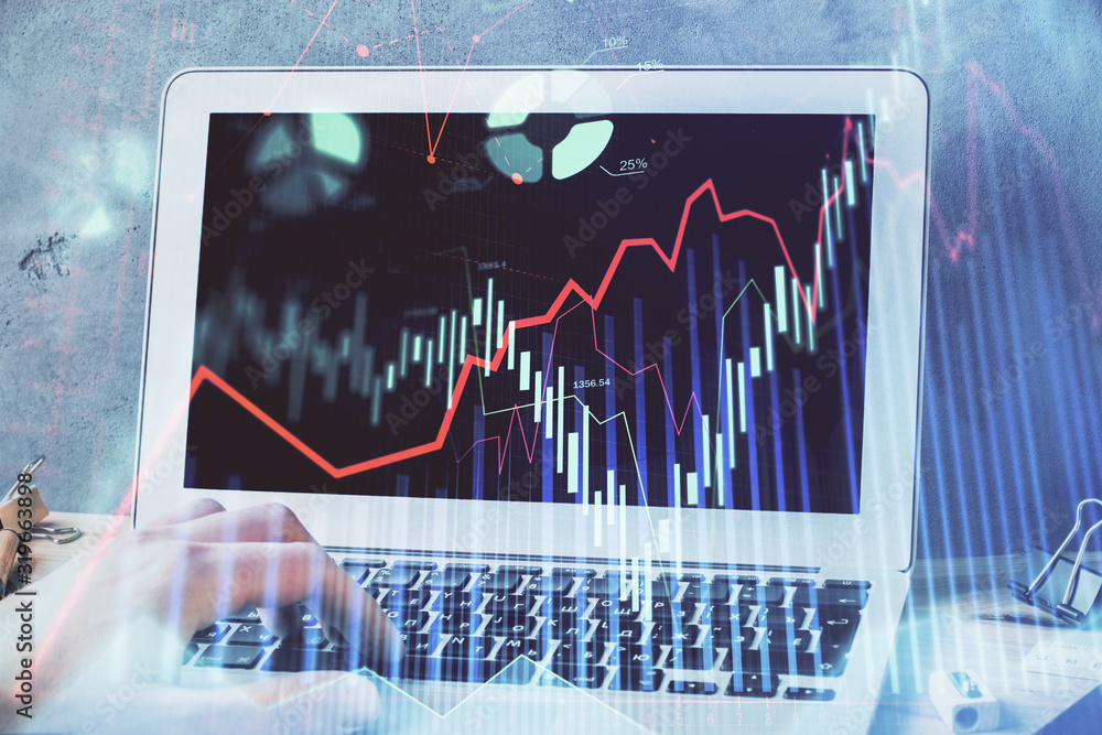 Forex graph with businessman working on laptop on background. Concept of hardworking. Multi exposure. Forex graph with businessman working on laptop on background. Concept of hardworking. Multi exposure.