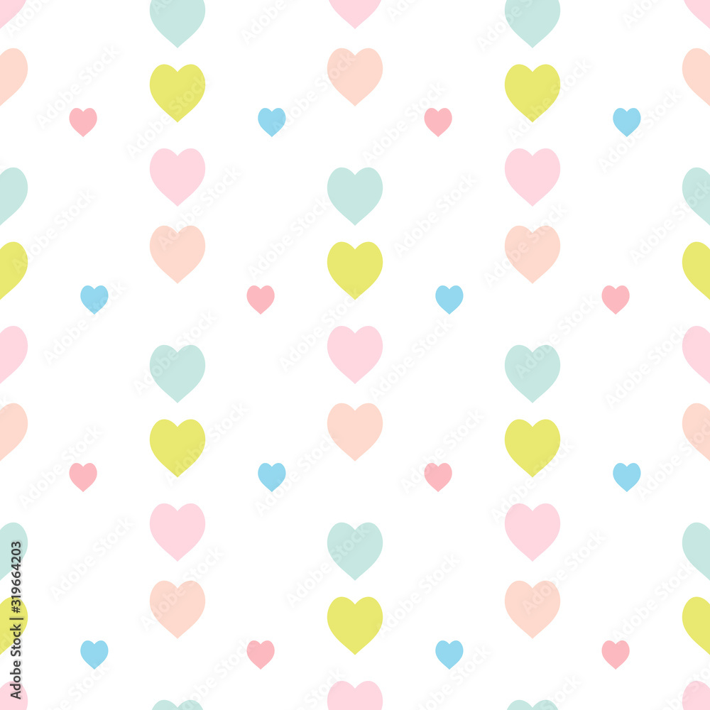 Seamless pattern in stylish cozy blue, pink, green and orange hearts on white background for fabric, textile, clothes, tablecloth and other things. Vector image.