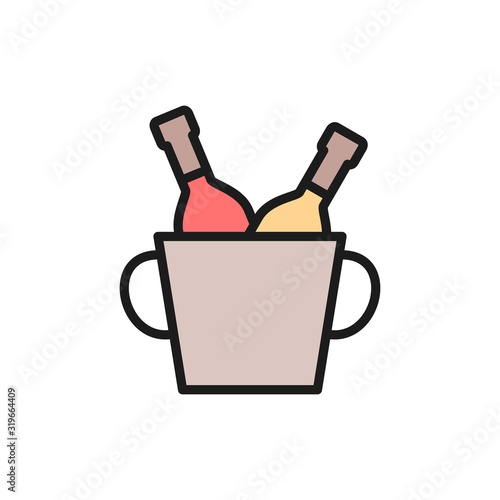 Bucket of two champagne bottles flat color line icon.