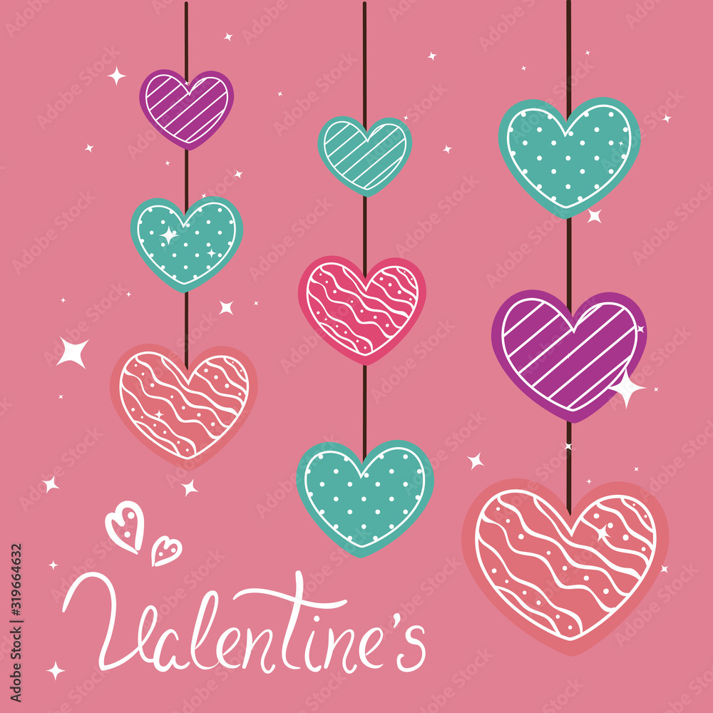valentines day card with hearts hanging vector illustration design