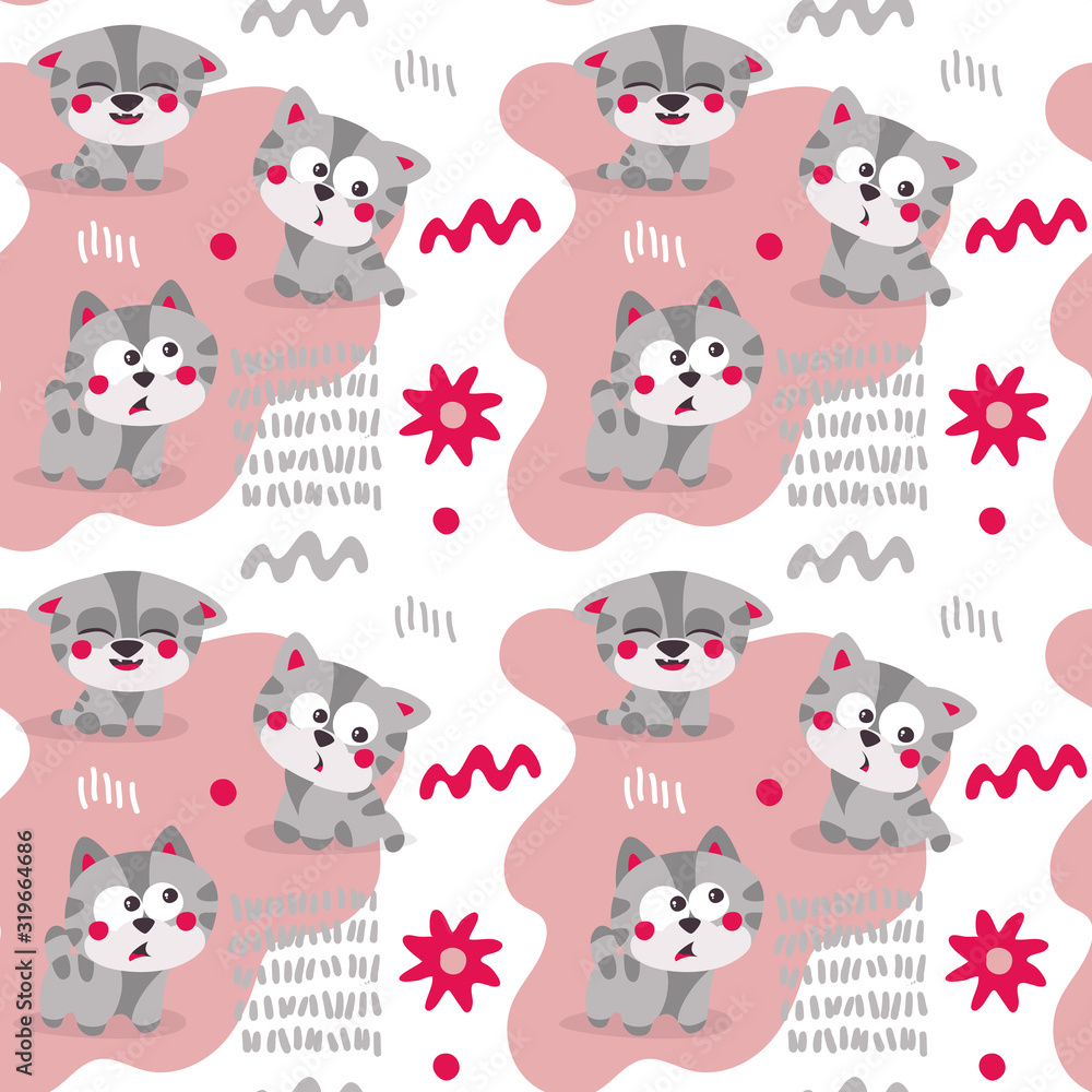 Seamless cute animal vector pattern with cats, flowers and graphic elements Seamless cute animal vector pattern with cats, flowers and graphic elements