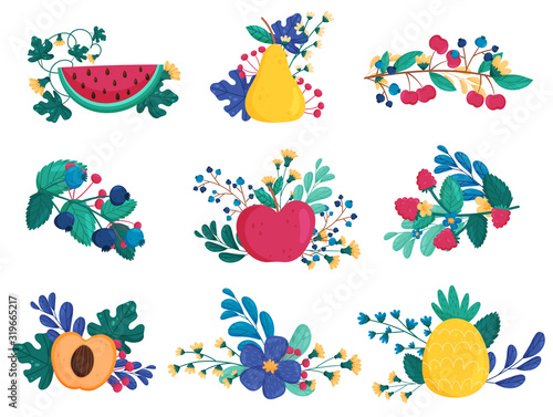 Bright Fruit and Berries Composition with Branches and Flower Blossoming Vector Set