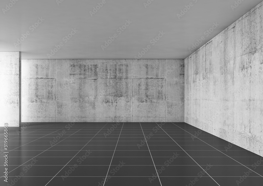 Abstract empty interior with concrete walls and black floor tiling Abstract empty interior with concrete walls and black floor tiling