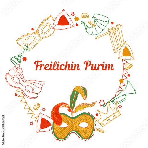Round frame with Purim traditional objects. Hand drawn outline color vector sketch illustration. Masks, food, decorations
