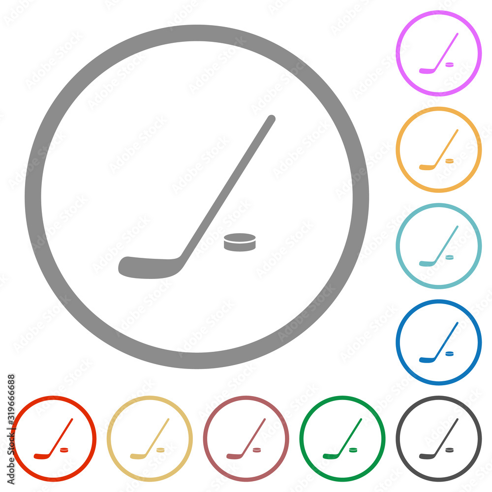 Hockey stick and puck flat icons with outlines Hockey stick and puck flat icons with outlines