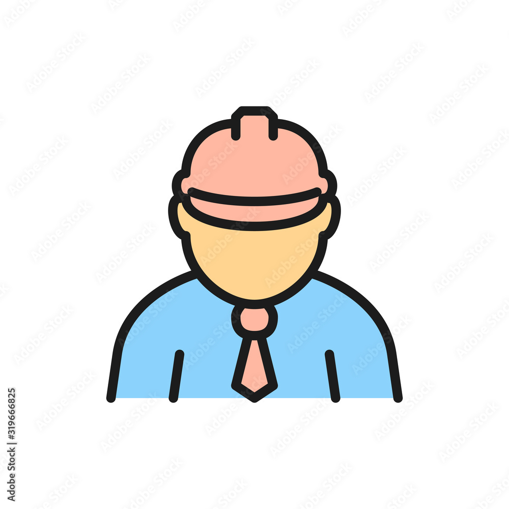 Construction worker, foreman, engineer, architect flat color line icon.