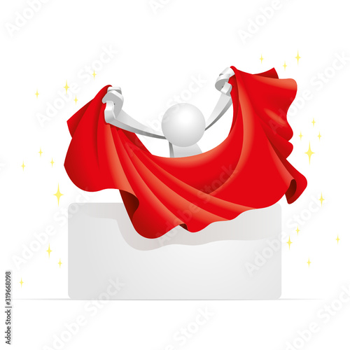Cute little white Simplified man pull the magical red curtain to unveil the horizontal message board