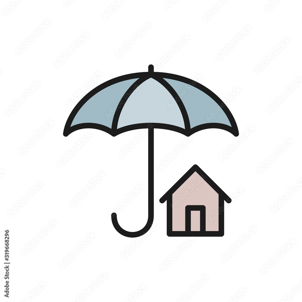 House insurance, umbrella with real estate protection flat color line icon. House insurance, umbrella with real estate protection flat color line icon.