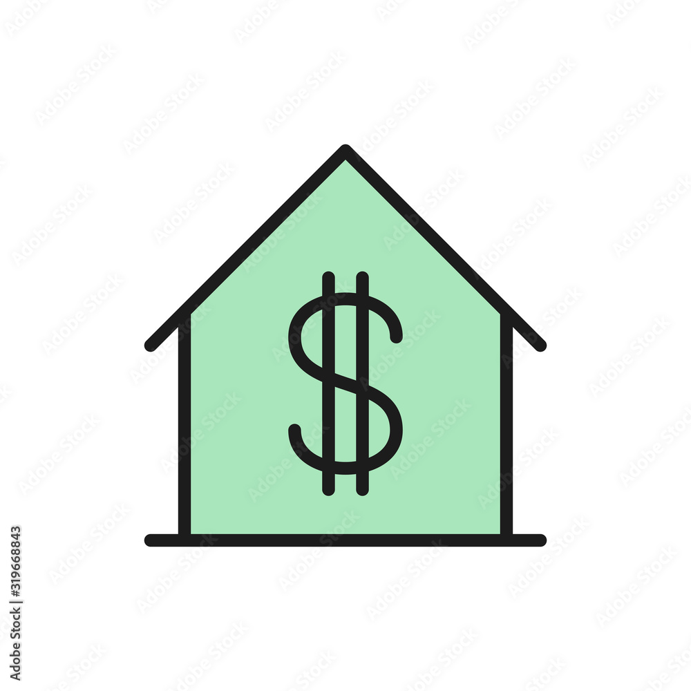 House with dollar sign, sale of apartment flat color line icon. House with dollar sign, sale of apartment flat color line icon.