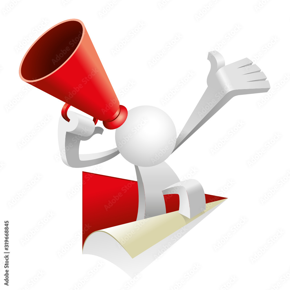 Cute little white Simplified man standing on a pointing sharp triangle paper cut out hole and shouting with a megaphone Cute little white Simplified man standing on a pointing sharp triangle paper cut out hole and shouting with a megaphone