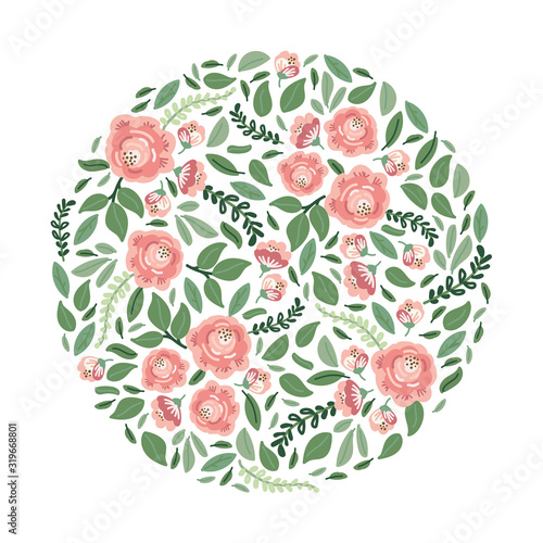 Cute botanical theme floral background with bouquets of hand drawn rustic roses flowers and leaves branches in neutral colors