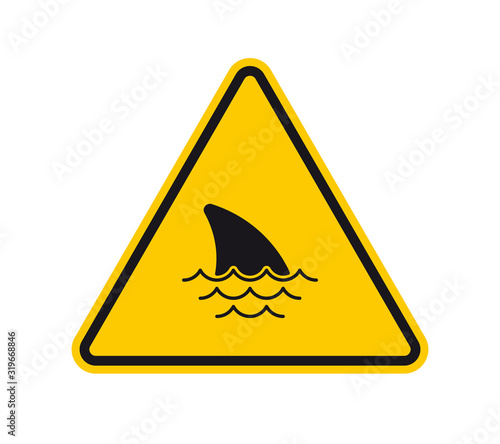 Vector yellow triangle sign - black silhouette road sign shark fin. Isolated on white background.