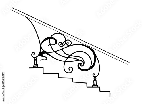 Forged fence. The iron fence. Forging is art. Curls. Elegant railing for the stairs. Metal and iron. Sketch..
