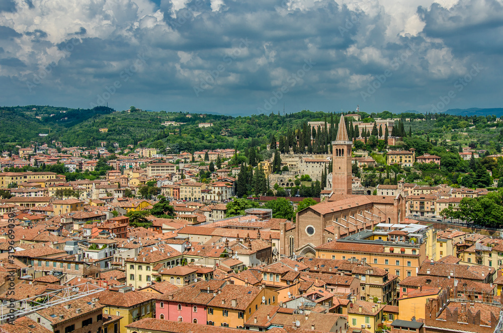 View of the red rooftops in Verona, Italy. View from above o Verona old town.