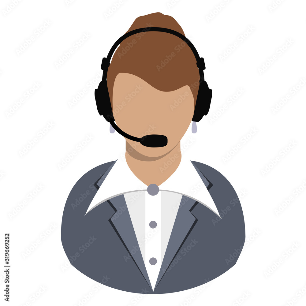 Call center chat operator flat avatar European woman icon isolated on white background.