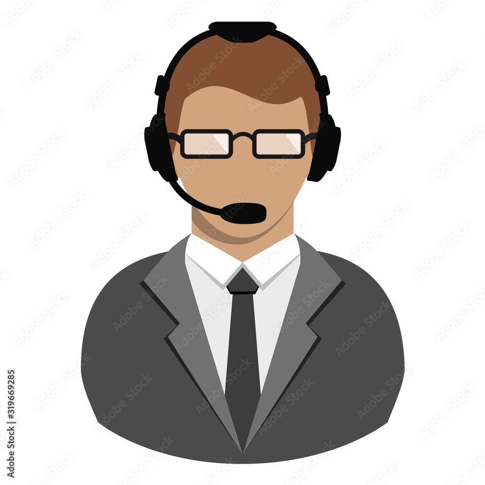 Call center chat operator flat avatar European man icon isolated on white background.