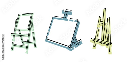Art supplies. Easel. Stand for the picture. Oil painting. Desktop easel icons. Creativity and art..