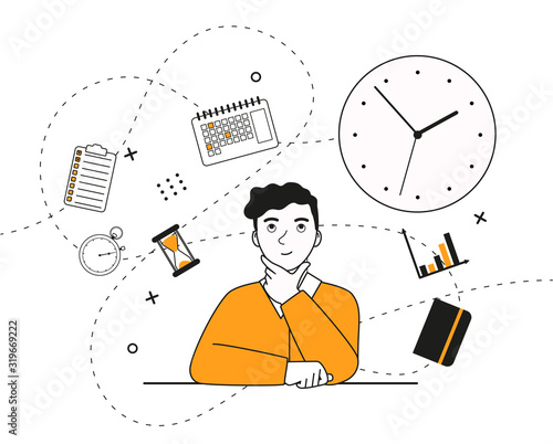 A young man sits and reflects on the topic of time management. Around icons: clock, calendar, chart, stopwatch, daily planner. Flat vector illustration.