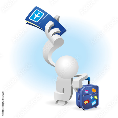 Cute little white Simplified man standing next to a suitcase and show you the air ticket to tell you he is going for a holiday