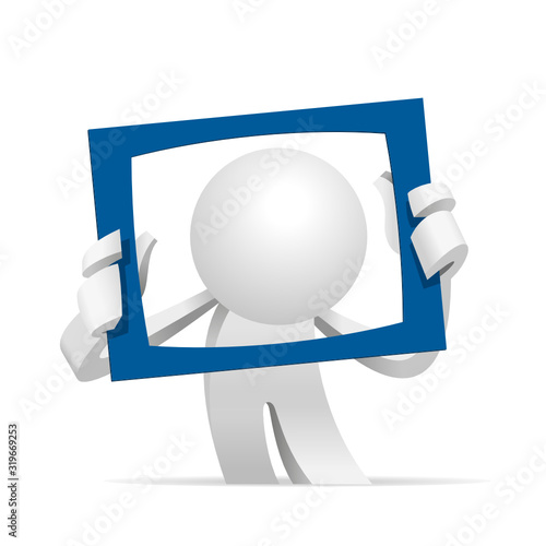Cute little white Simplified man posing with a TV frame to show you how he's look like when he appear in a TV