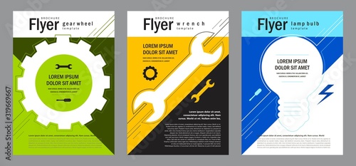 Set Flyer cover servicer theme gear, wrench, lamp