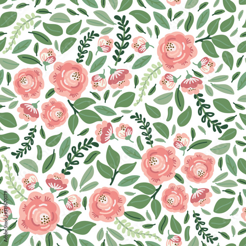 Cute botanical floral seamless pattern background with bouquets of rustic roses flowers and leaves branches, neutral colors
