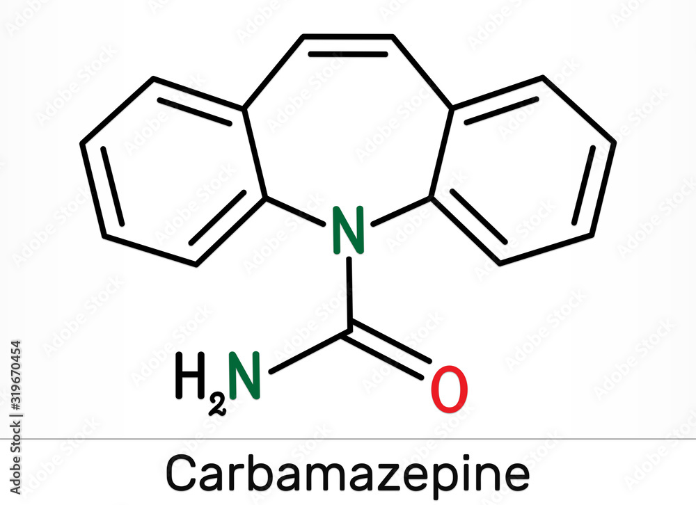 Carbamazepine, CBZ, C15H12N2O molecule. It is anticonvulsant and analgesic drug, used in therapy of epilepsy and trigeminal neuralgia. Skeletal chemical formula Carbamazepine, CBZ, C15H12N2O molecule. It is anticonvulsant and analgesic drug, used in therapy of epilepsy and trigeminal neuralgia. Skeletal chemical formula