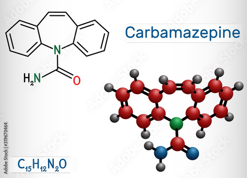Carbamazepine, CBZ, C15H12N2O  molecule. It is anticonvulsant and analgesic drug, used in therapy of epilepsy and trigeminal neuralgia. Structural chemical formula and molecule model
