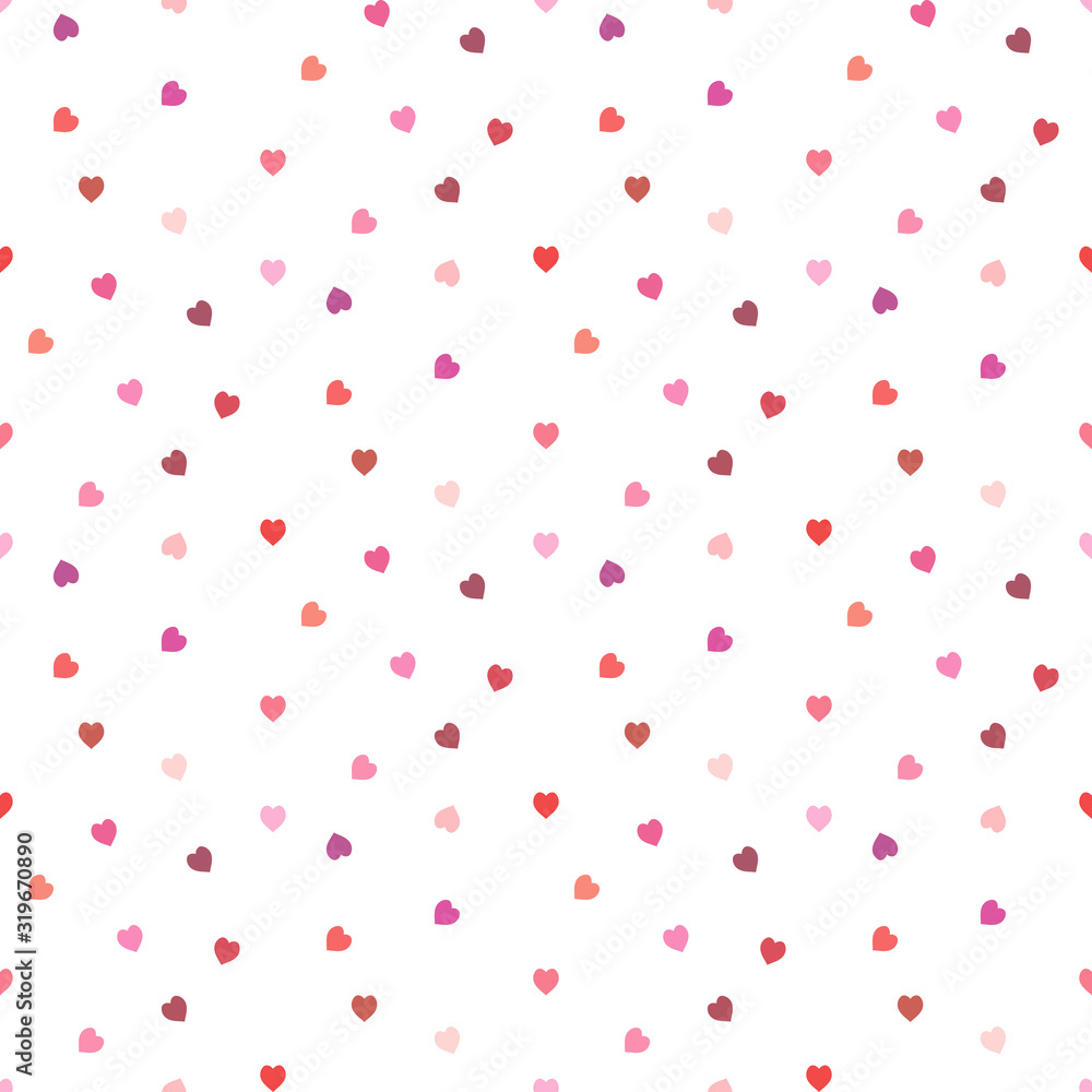 Seamless pattern in little red and pink hearts on white background for fabric, textile, clothes, tablecloth and other things. Vector image.