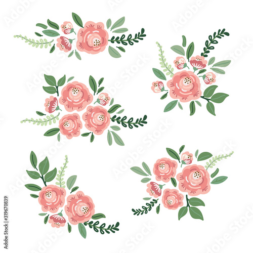 Cute botanical theme floral background with bouquets of hand drawn rustic roses flowers and leaves branches, neutral colors