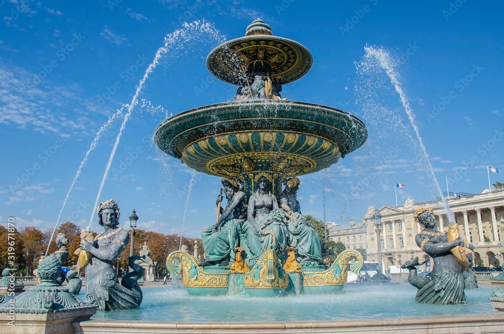 Fontaine des Mers (Fountain of the Seas), Concorde Square, Paris, France. Large semi-nude figures supporting the vasque represent the Mediterranean Sea and the Atlantic Ocean. 