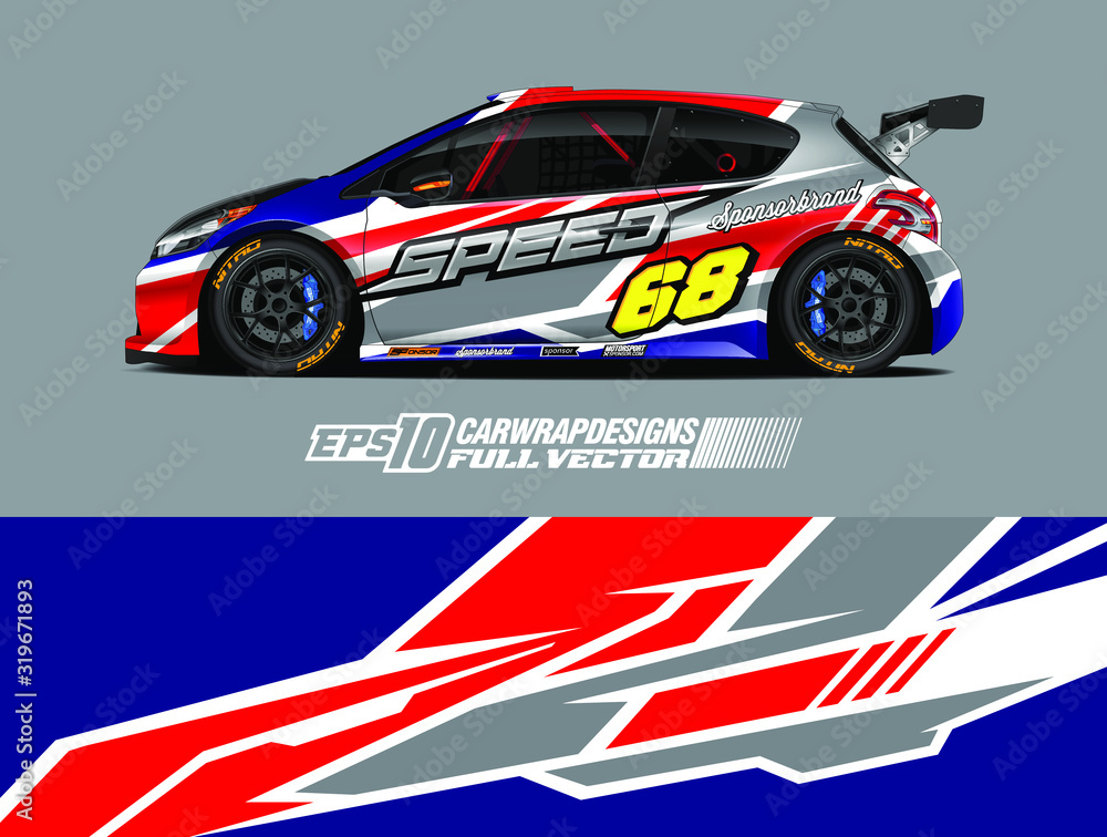 Vehicle graphic livery design vector. Graphic abstract stripe racing background designs for wrap cargo van, race car, pickup truck and adventure. Full vector Eps 10.