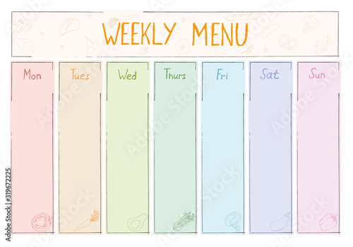 Cute A4 template for weekly menu with lettering and doodle drawings of food. photo