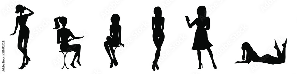 Set of black silhouettes of woman posing. Girls standing, sitting on a stool, lying. Female sign. Girl figure. Lady's room signs.