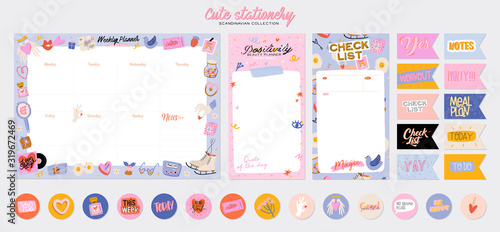 Collection of weekly or daily planner, note paper, to do list, stickers templates decorated by cute love illustrations and inspirational quote. School scheduler and organizer. Flat vector