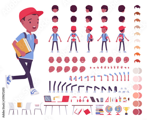 Black school boy in a casual wear construction set. Cute guy, active young kid, smart elementary pupil, 7, 9 year old creation elements to build own design. Cartoon flat style infographic illustration