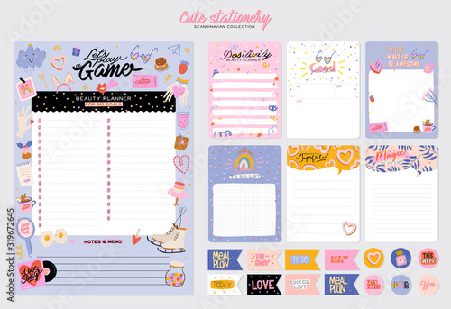 Collection of weekly or daily planner, note paper, to do list, stickers templates decorated by cute love illustrations and inspirational quote. School scheduler and organizer. Flat vector
