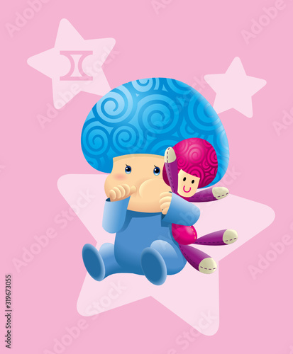 A cute little new born baby with horoscope Gemini costume and a pink color doll