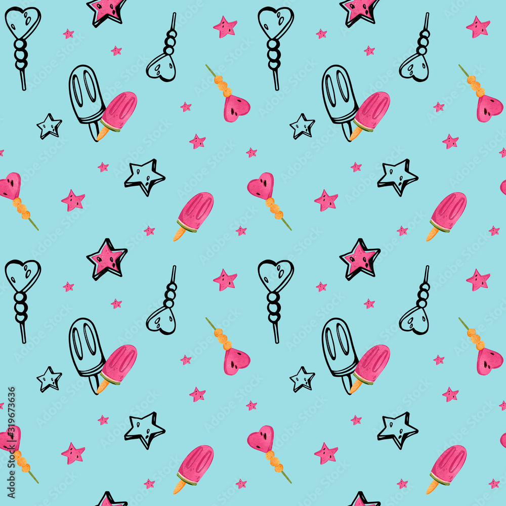 Digital illustration of a cute juicy hot pink watermelon dessert frost-bitten pattern on a blue background. Print for fabrics, paper, banners, posters, coverings, textiles. Digital illustration of a cute juicy hot pink watermelon dessert frost-bitten pattern on a blue background. Print for fabrics, paper, banners, posters, coverings, textiles.