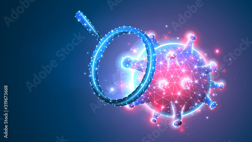 Virus-cell exploration. Epidemic strain research, immunology and infection pathogen concept. Polygonal image on blue neon background. Low poly, wireframe, digital 3d vector illustration. Abstract art