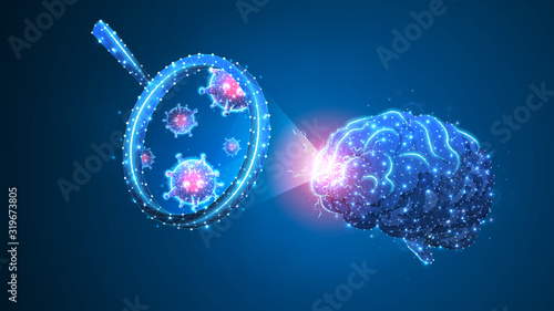 Brain Virus-cell exploration. Epidemic strain research, immunology and infection pathogen concept. Abstract polygonal image on blue neon background. Low poly, wireframe, digital 3d vector illustration
