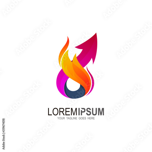 fire logo with arrow design illustration, restaurant icon, fast symbol