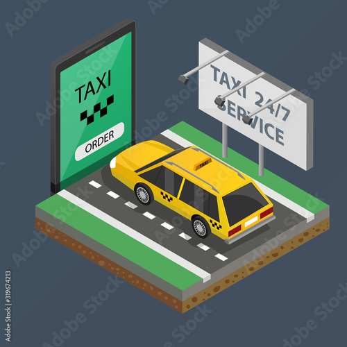 Flat isometric taxi yellow cab on smartphone vector illustration. 3d isometry online mobile taxi order service app concept. Car, GPS route point pins, checkerboard signs, Taxi service button.