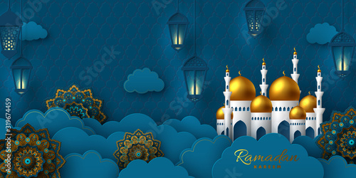 Ramadan Kareem vector banner with paper cut arabic lanterns, clouds and flowers, mosque. Blue traditional background for Muslim holy month.