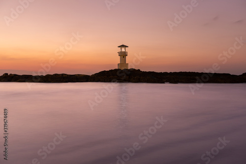 view of lighthouse on the sea at Phang-nga Beautiful seascape with lighthouse on the coast at sunset in Khao lak, Phang nga, Thailand