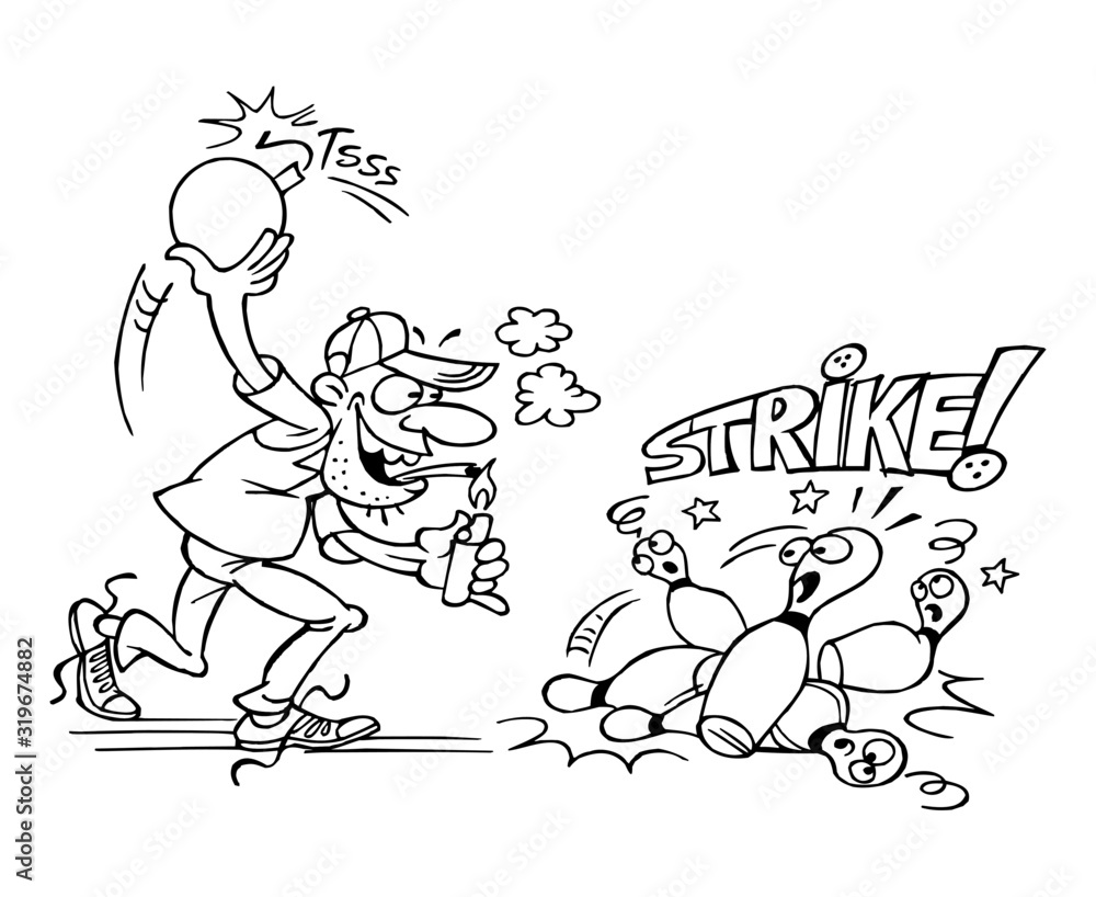 Bowling player throws a dynamite ball on bowling skittles and hits strike, black and white cartoon Bowling player throws a dynamite ball on bowling skittles and hits strike, black and white cartoon