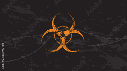 Orange biohazard sign with barbed wire in grunge style. Vector illustrator for background.