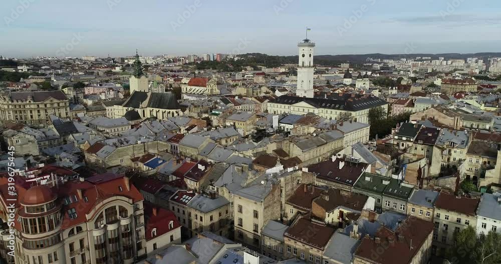 Aerial Viev. Old City Lviv, Ukraine. Town Hall, Ratush Aerial Viev. Old City Lviv, Ukraine. Town Hall, Ratush