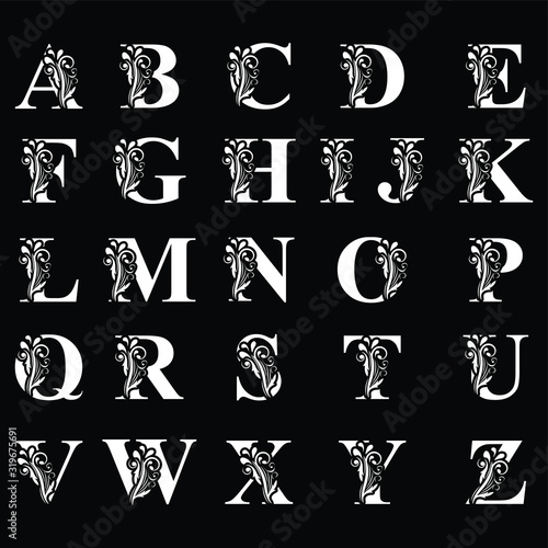 letters. Black flower letters,  alphabet.  Beautiful capital letter. vector